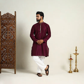 Buy Maroon Slub Silk Kurta for Men with Embellished Neckline Work