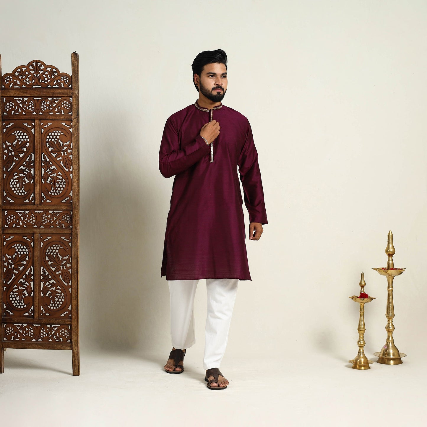 Buy Maroon Slub Silk Kurta for Men with Embellished Neckline Work
