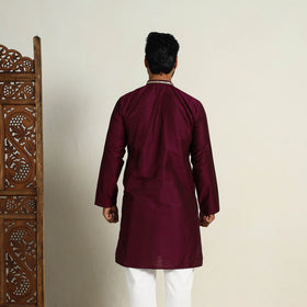 Buy Maroon Slub Silk Kurta for Men with Embellished Neckline Work