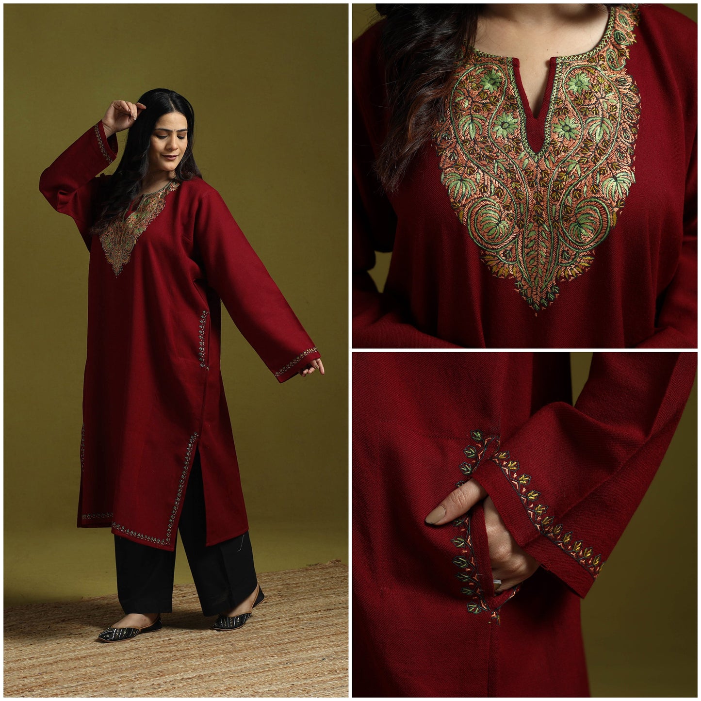 Maroon - sozni hand embroidery kashmiri merino wool pheran