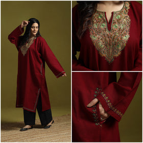 Maroon - sozni hand embroidery kashmiri merino wool pheran