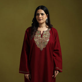 Maroon - sozni hand embroidery kashmiri merino wool pheran