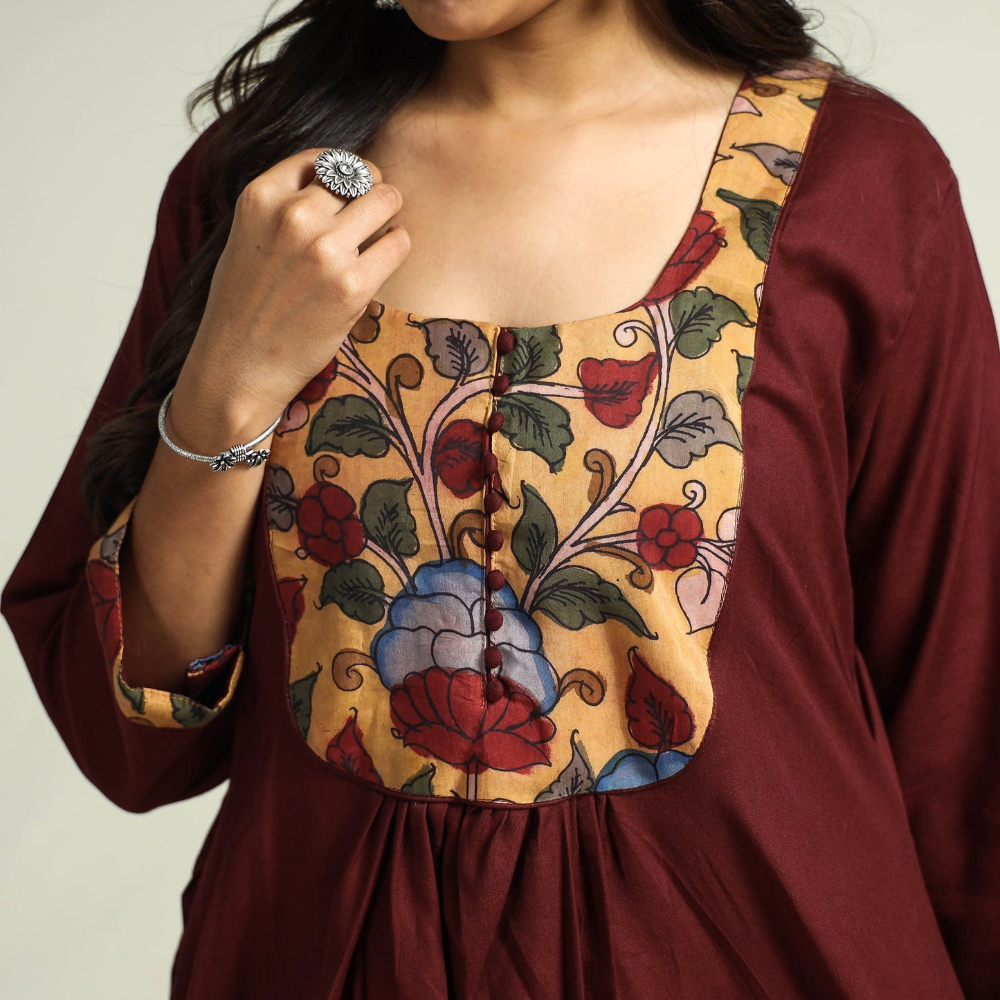 Maroon - srikalahasti kalamkari patchwork plain linen