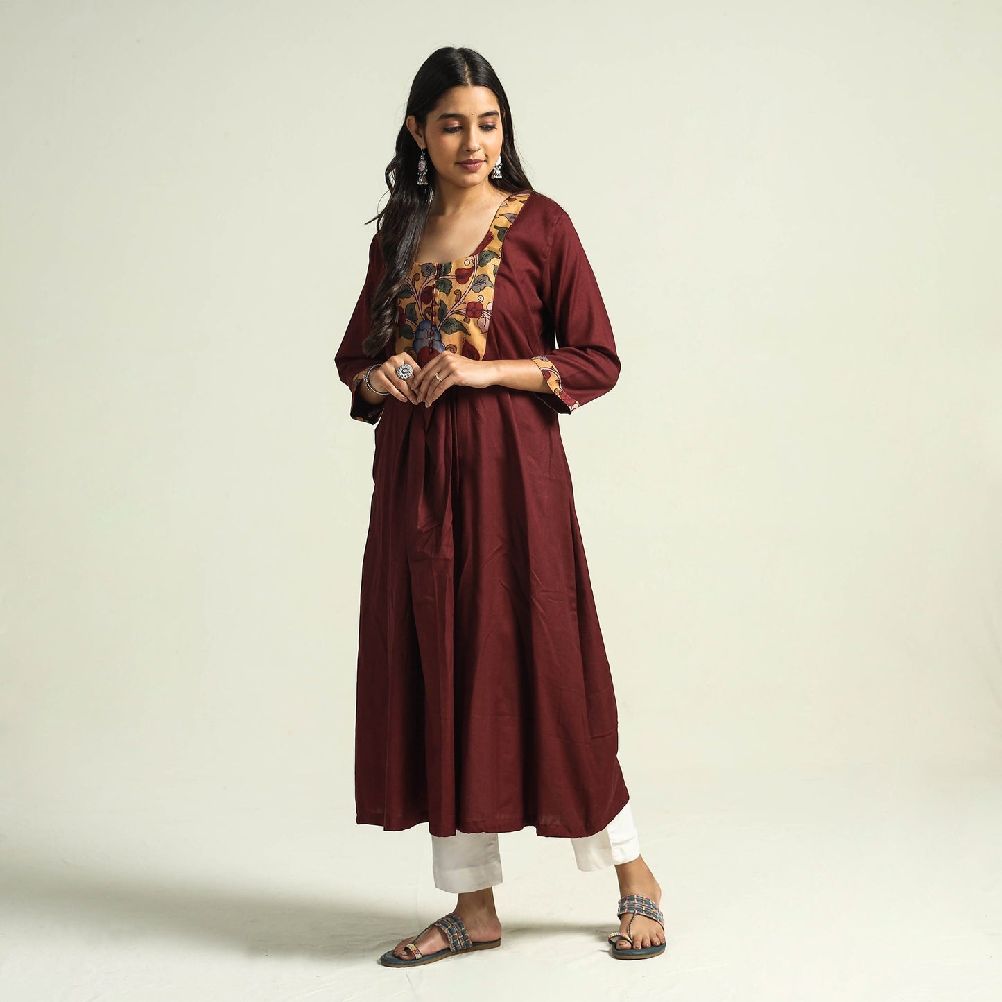 Maroon - srikalahasti kalamkari patchwork plain linen