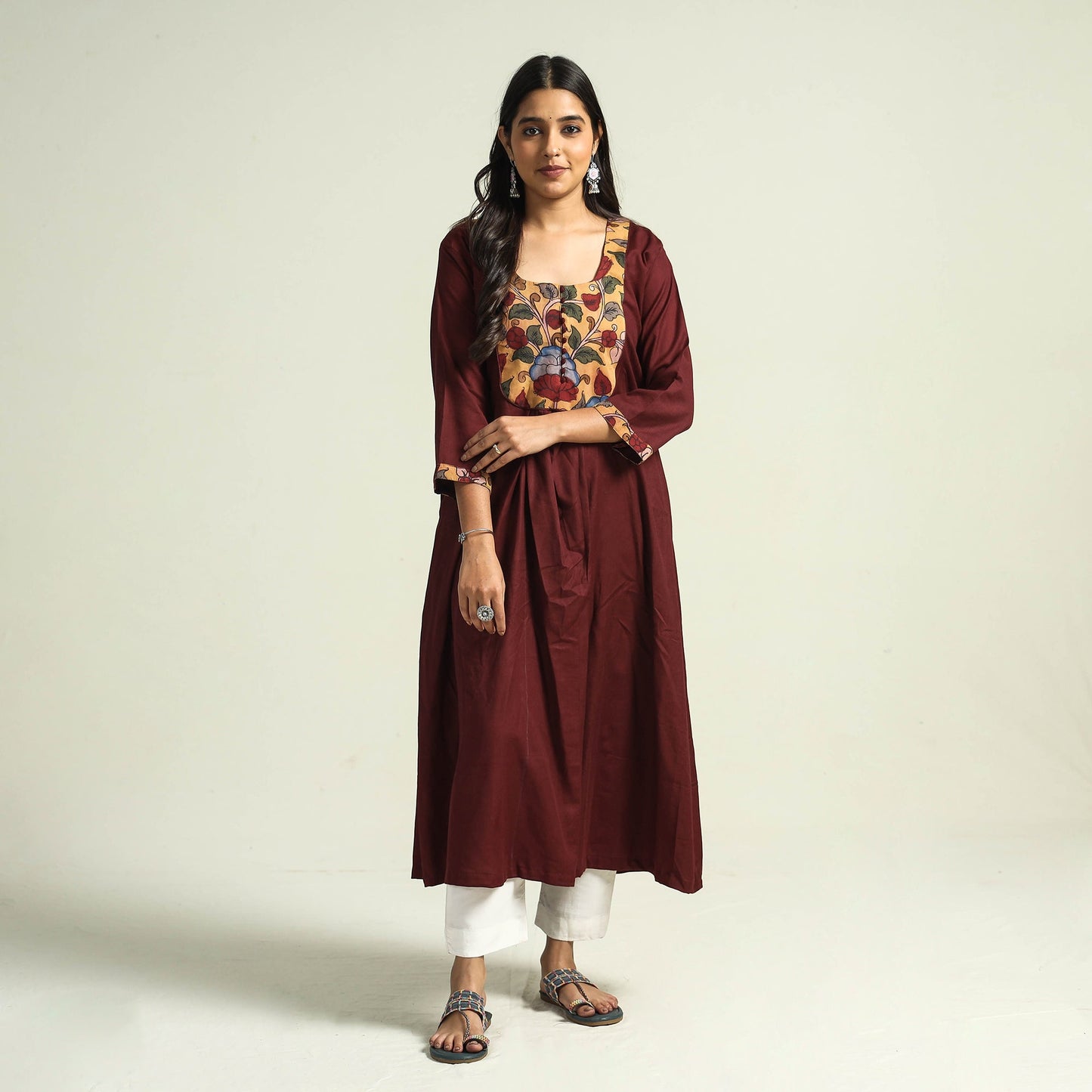 Maroon - srikalahasti kalamkari patchwork plain linen