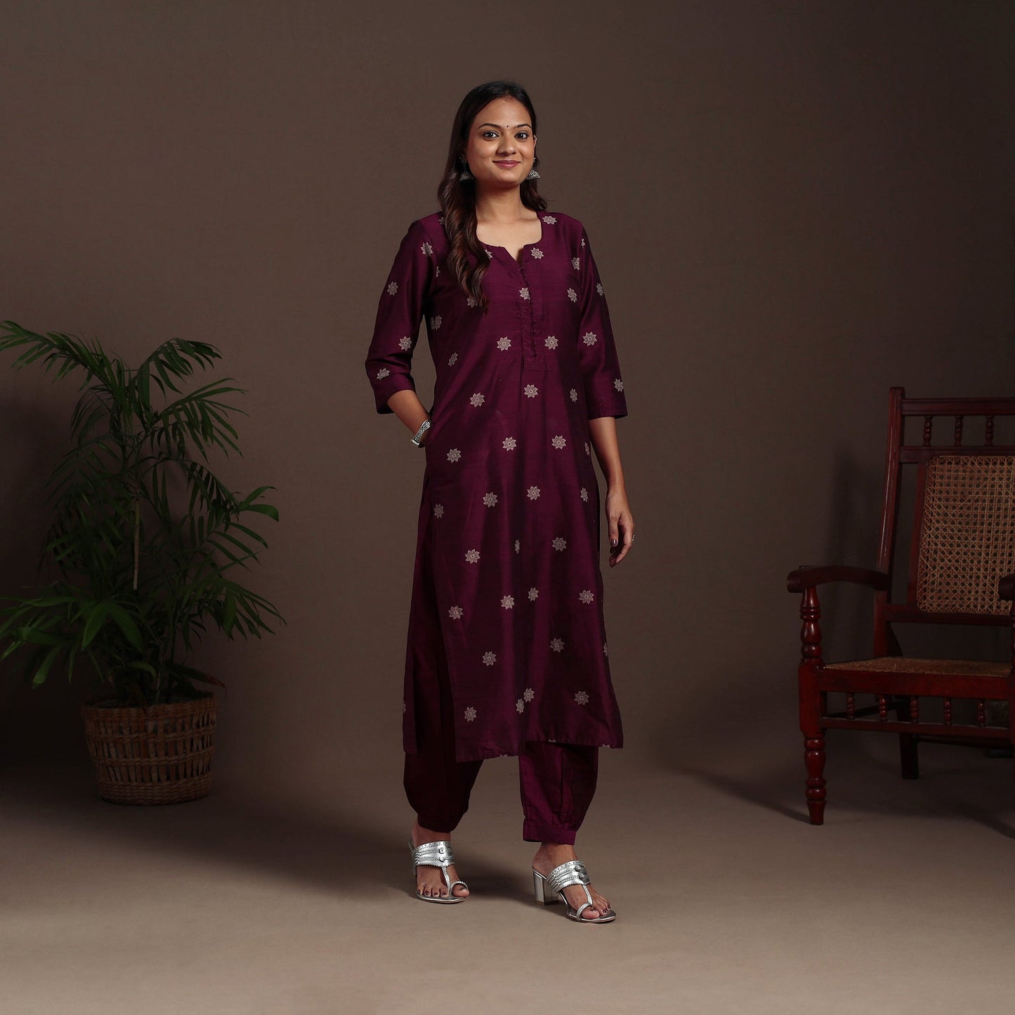 Maroon - straight buti work spun dupion silk plain kurta