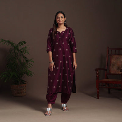 Maroon - straight buti work spun dupion silk plain kurta
