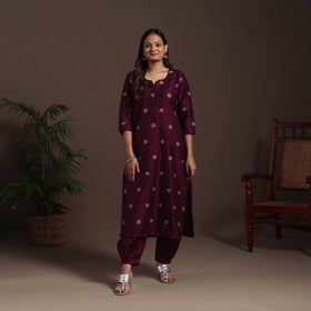 Maroon - straight buti work spun dupion silk plain kurta