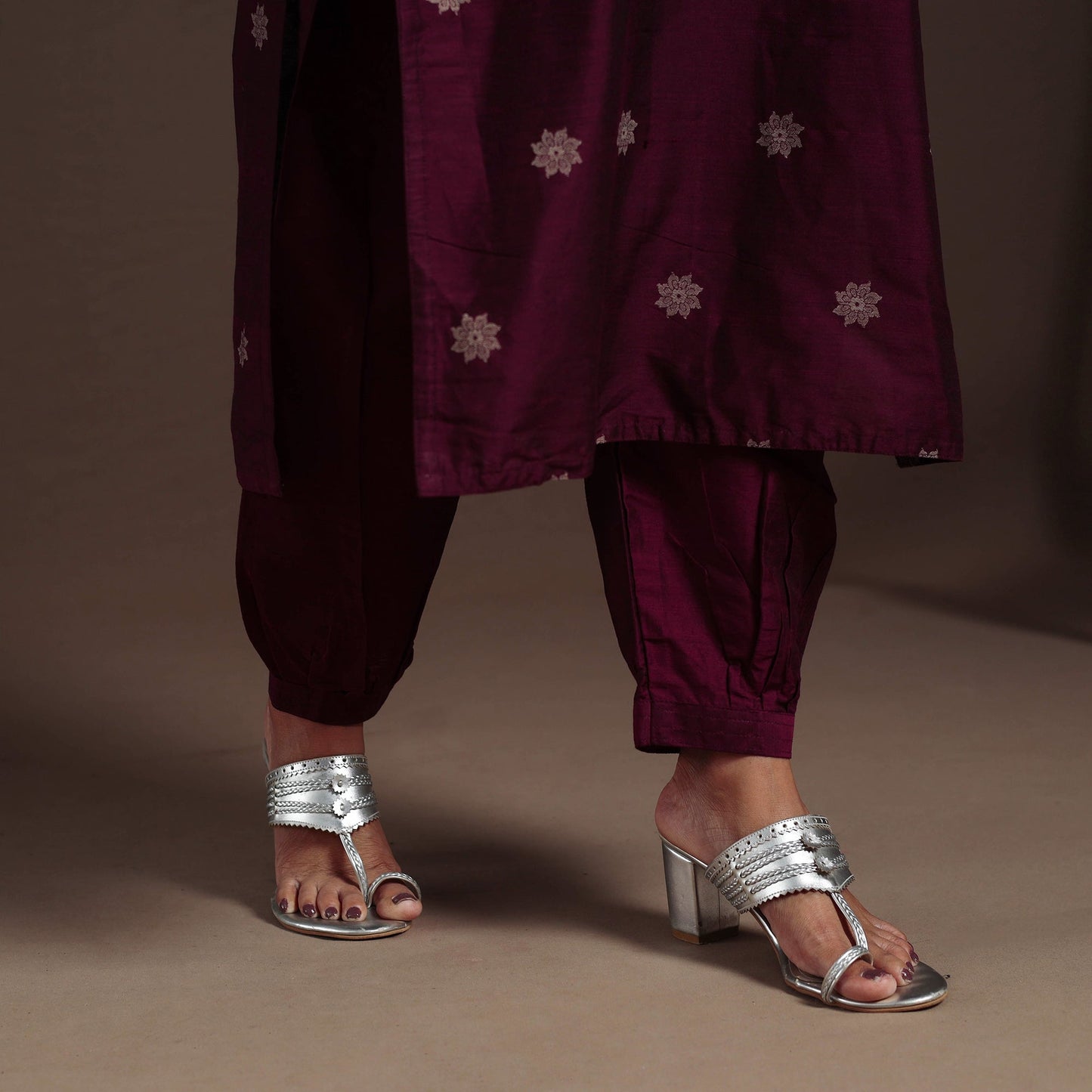 Maroon - straight buti work spun dupion silk plain kurta