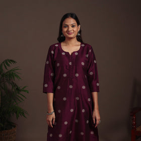 Maroon - straight buti work spun dupion silk plain kurta