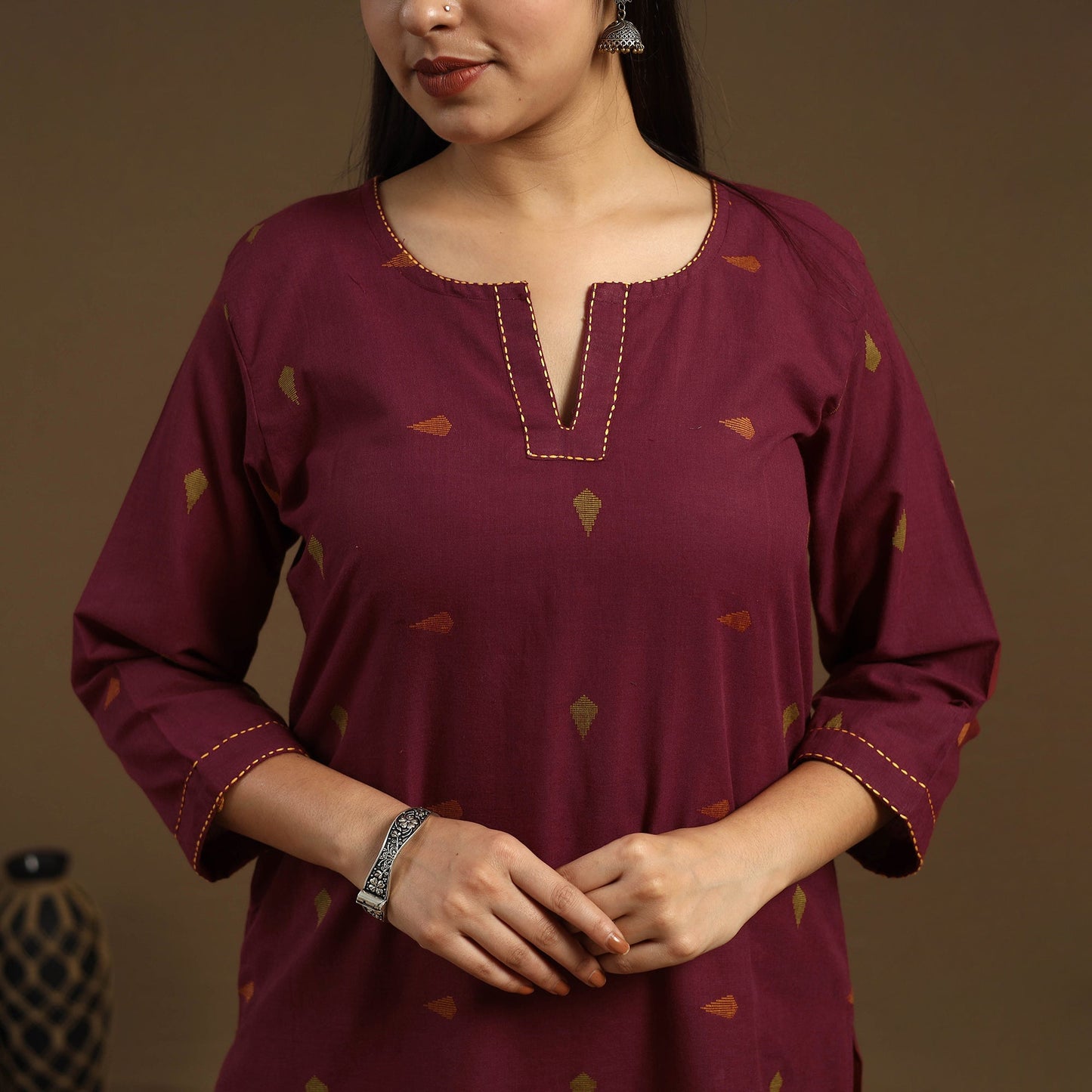 Maroon Straight Cotton Jacquard Kurta for Women