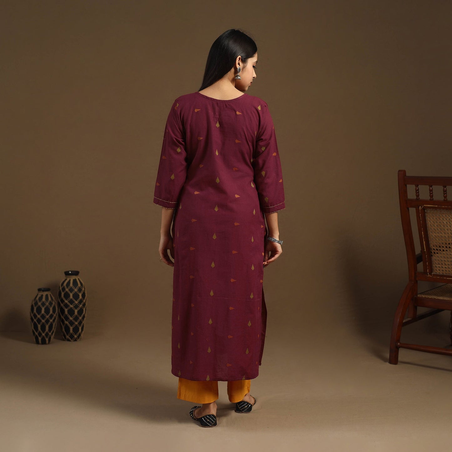 Maroon Straight Cotton Jacquard Kurta for Women