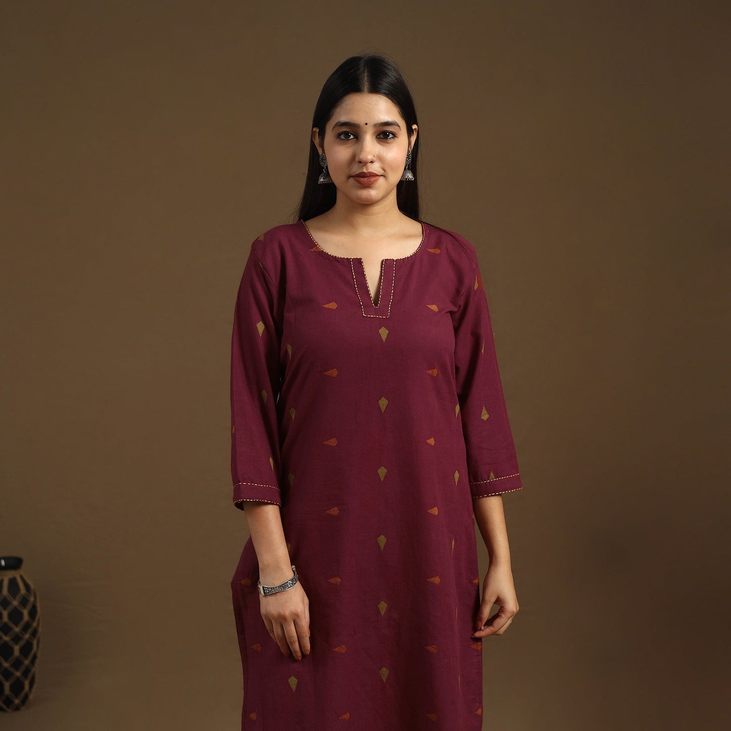 Maroon Straight Cotton Jacquard Kurta for Women
