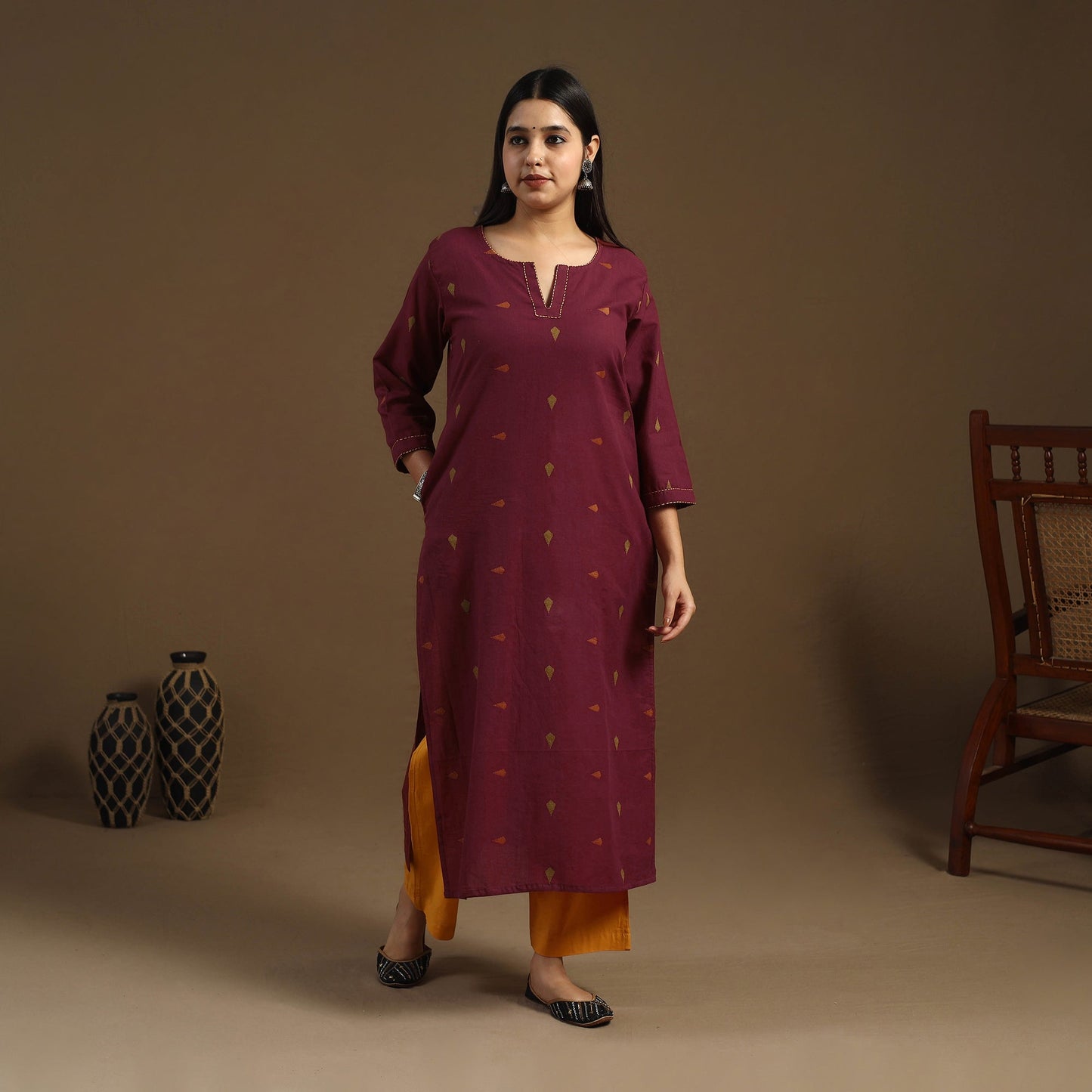 Maroon Straight Cotton Jacquard Kurta for Women