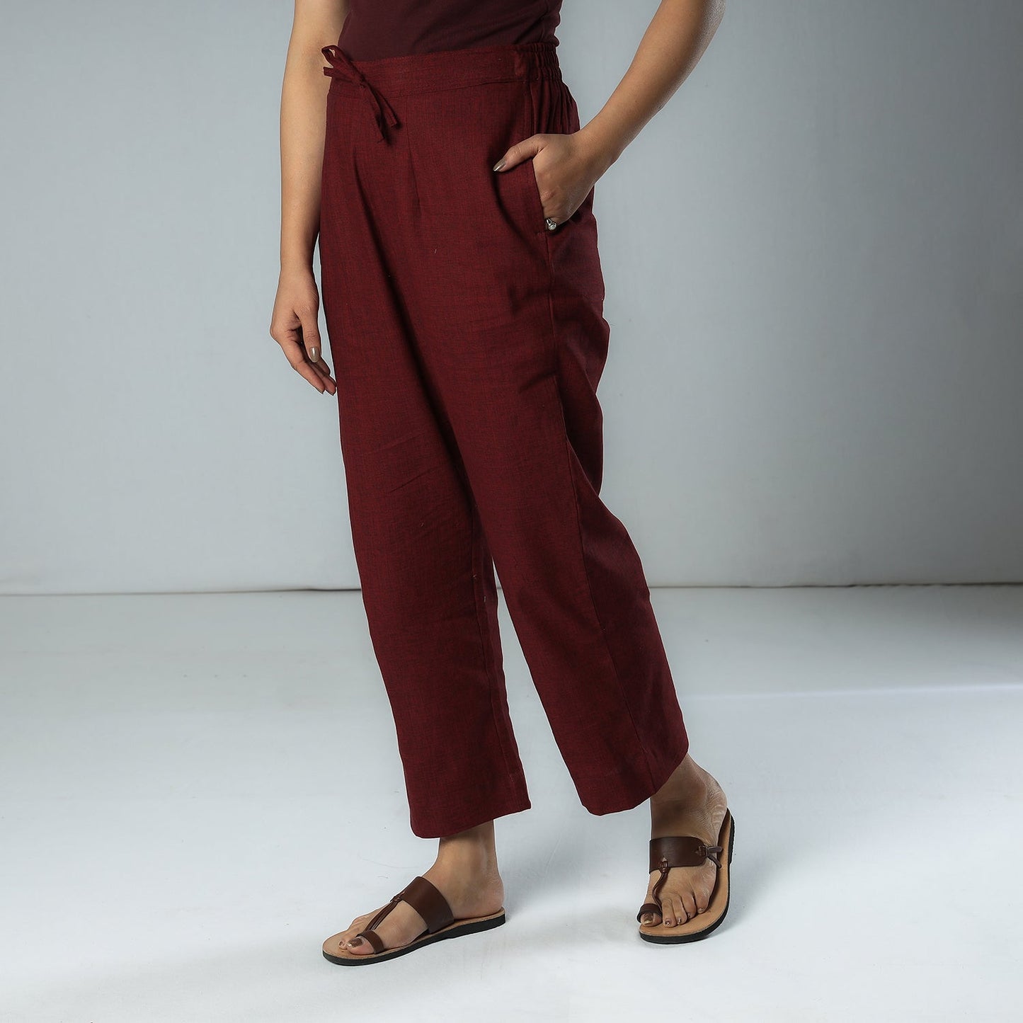 Maroon - texture plain dyed cotton relaxed fit pant