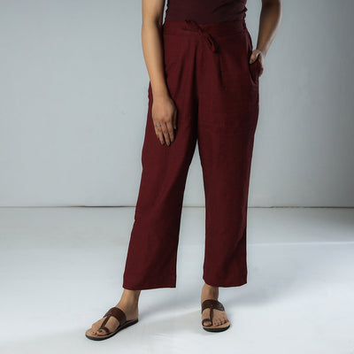 Maroon - texture plain dyed cotton relaxed fit pant
