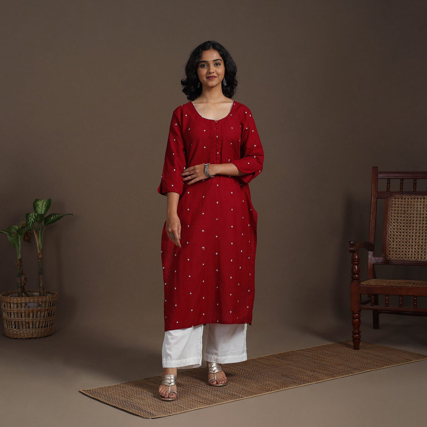 Maroon Thread Buti Work Cotton Plain Kurta Set (Set of 2)