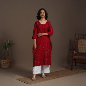 Maroon Thread Buti Work Cotton Plain Kurta Set (Set of 2)
