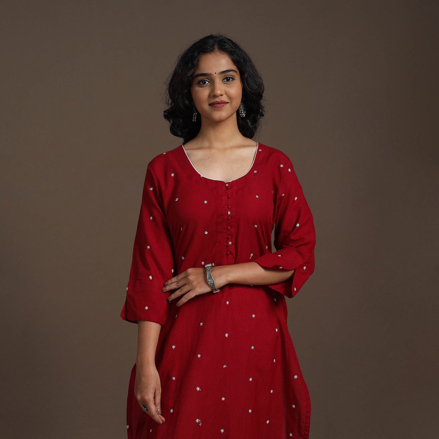 Maroon Thread Buti Work Cotton Plain Kurta Set (Set of 2)