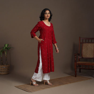 Maroon Thread Buti Work Cotton Plain Kurta Set (Set of 2)
