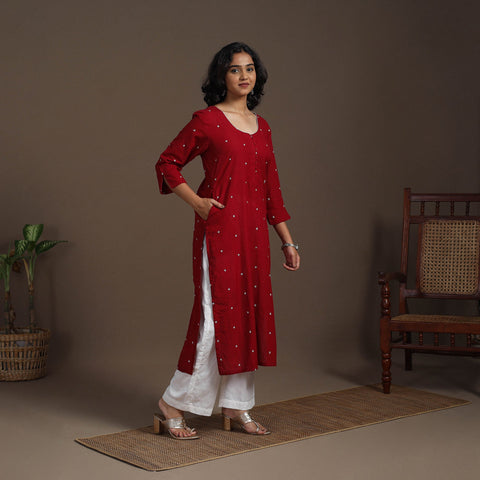 Maroon Thread Buti Work Cotton Plain Kurta Set (Set of 2)