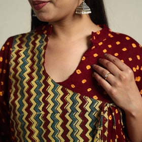 Maroon Tie-dye Cotton Patchwork A-Line Bandhani Kurta for Women