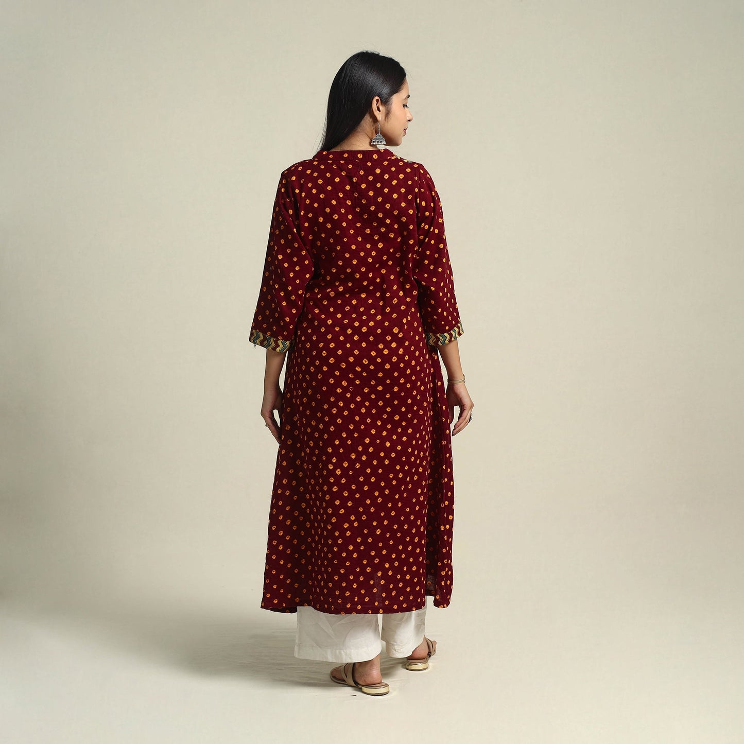 Maroon Tie-dye Cotton Patchwork A-Line Bandhani Kurta for Women