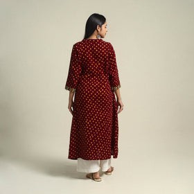 Maroon Tie-dye Cotton Patchwork A-Line Bandhani Kurta for Women
