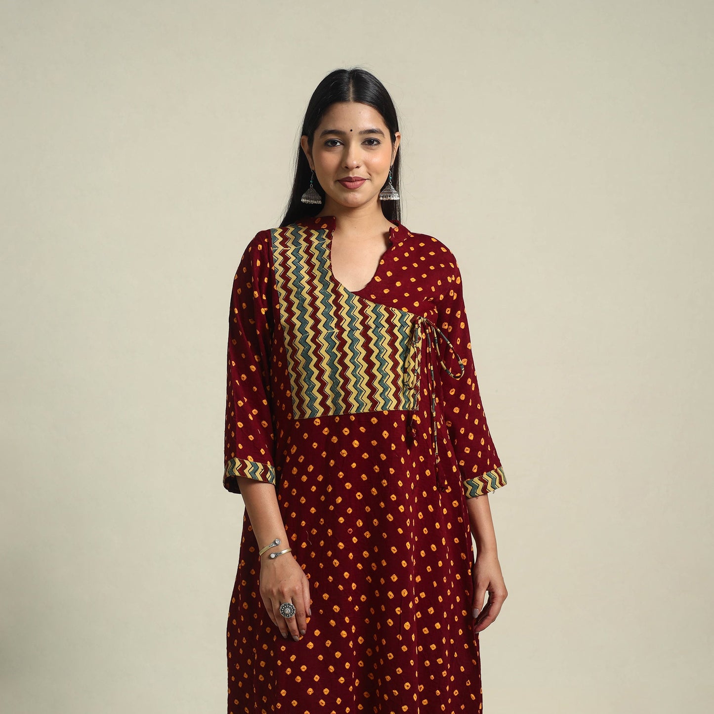 Maroon Tie-dye Cotton Patchwork A-Line Bandhani Kurta for Women
