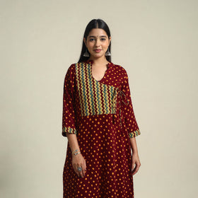 Maroon Tie-dye Cotton Patchwork A-Line Bandhani Kurta for Women