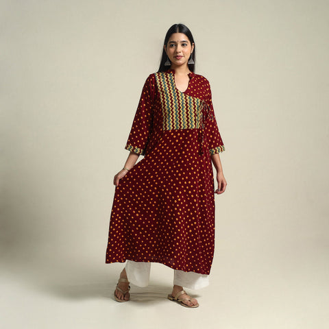 Maroon Tie-dye Cotton Patchwork A-Line Bandhani Kurta for Women