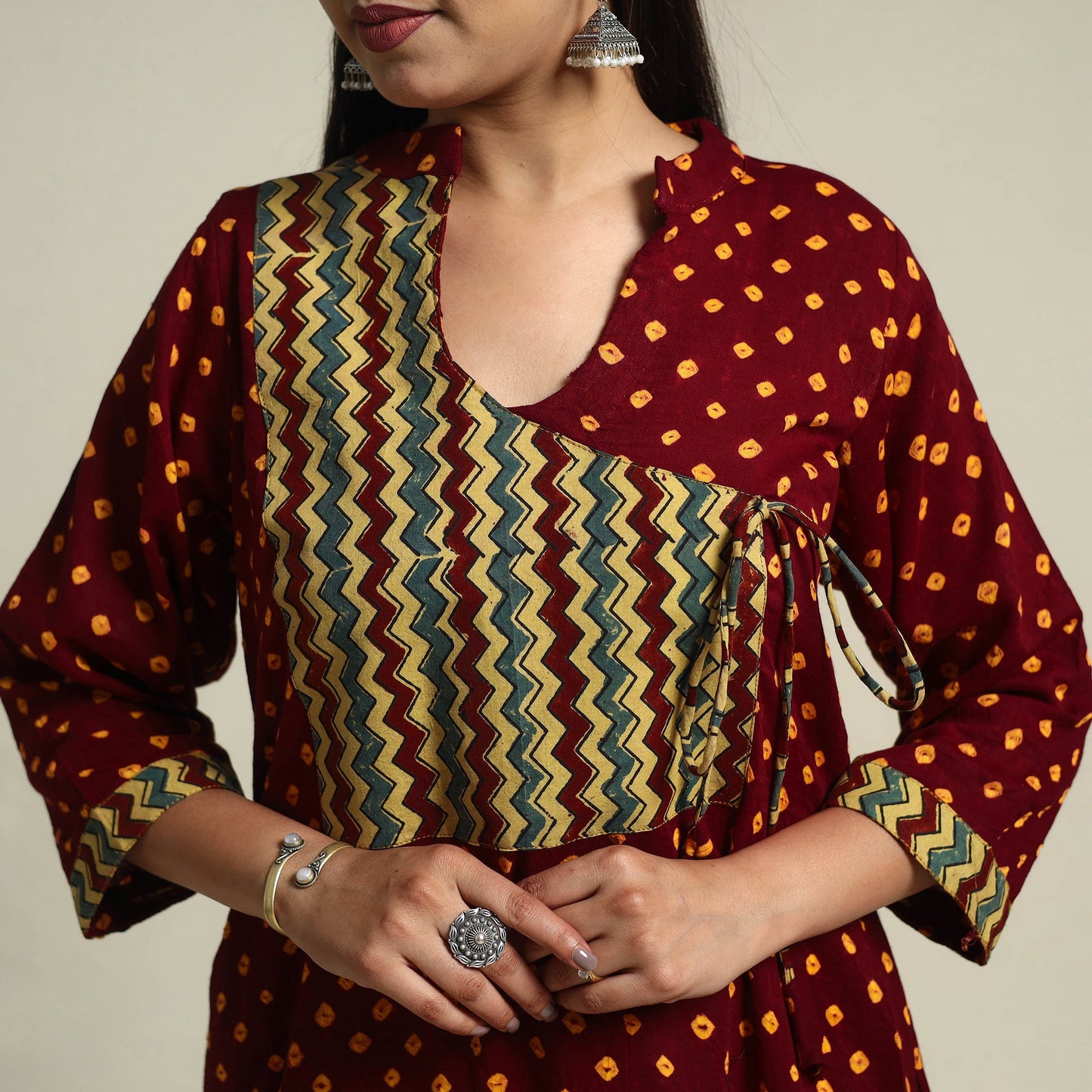 Maroon Tie-dye Cotton Patchwork A-Line Bandhani Kurta for Women