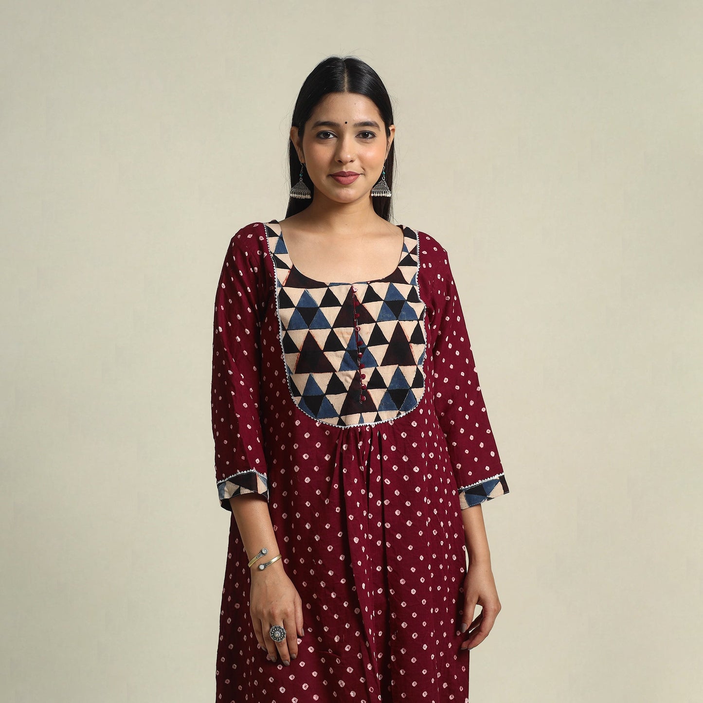 Buy Maroon Tie-dye Cotton Patchwork A-Line Bandhani Kurta for Women