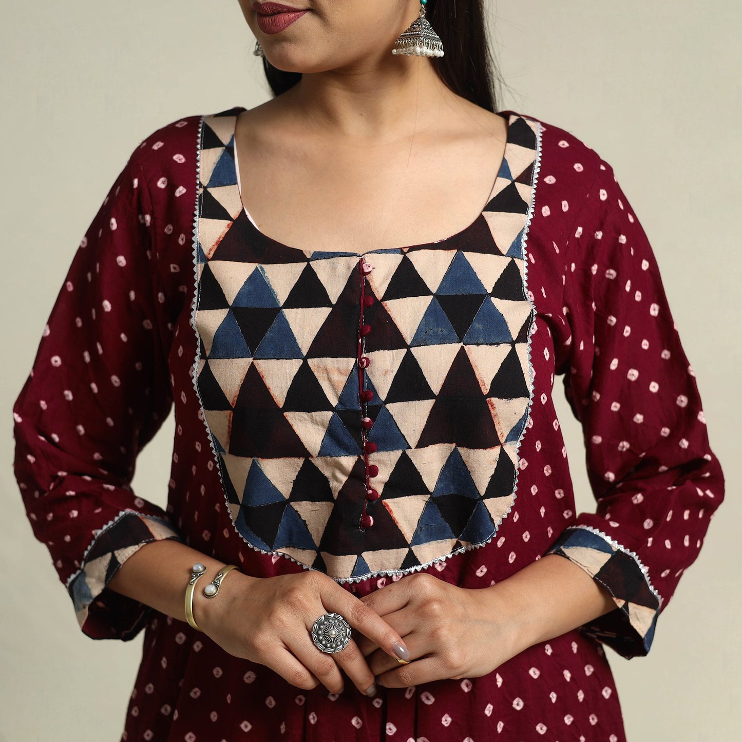 Buy Maroon Tie-dye Cotton Patchwork A-Line Bandhani Kurta for Women