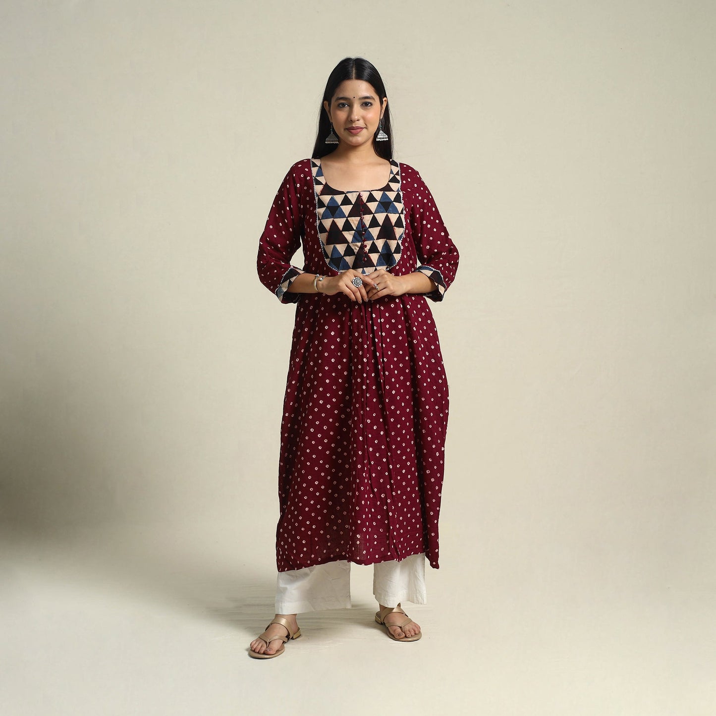 Buy Maroon Tie-dye Cotton Patchwork A-Line Bandhani Kurta for Women