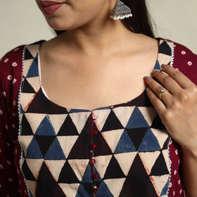 Buy Maroon Tie-dye Cotton Patchwork A-Line Bandhani Kurta for Women