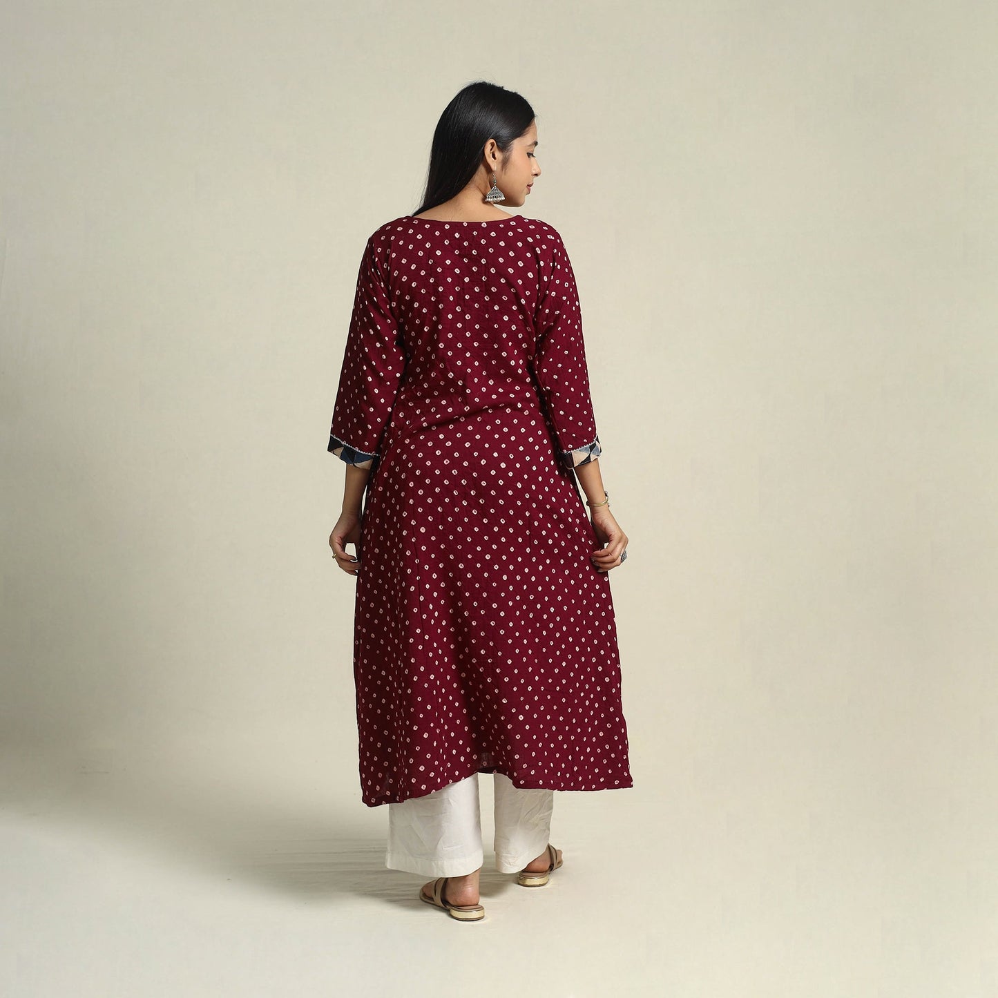 Buy Maroon Tie-dye Cotton Patchwork A-Line Bandhani Kurta for Women