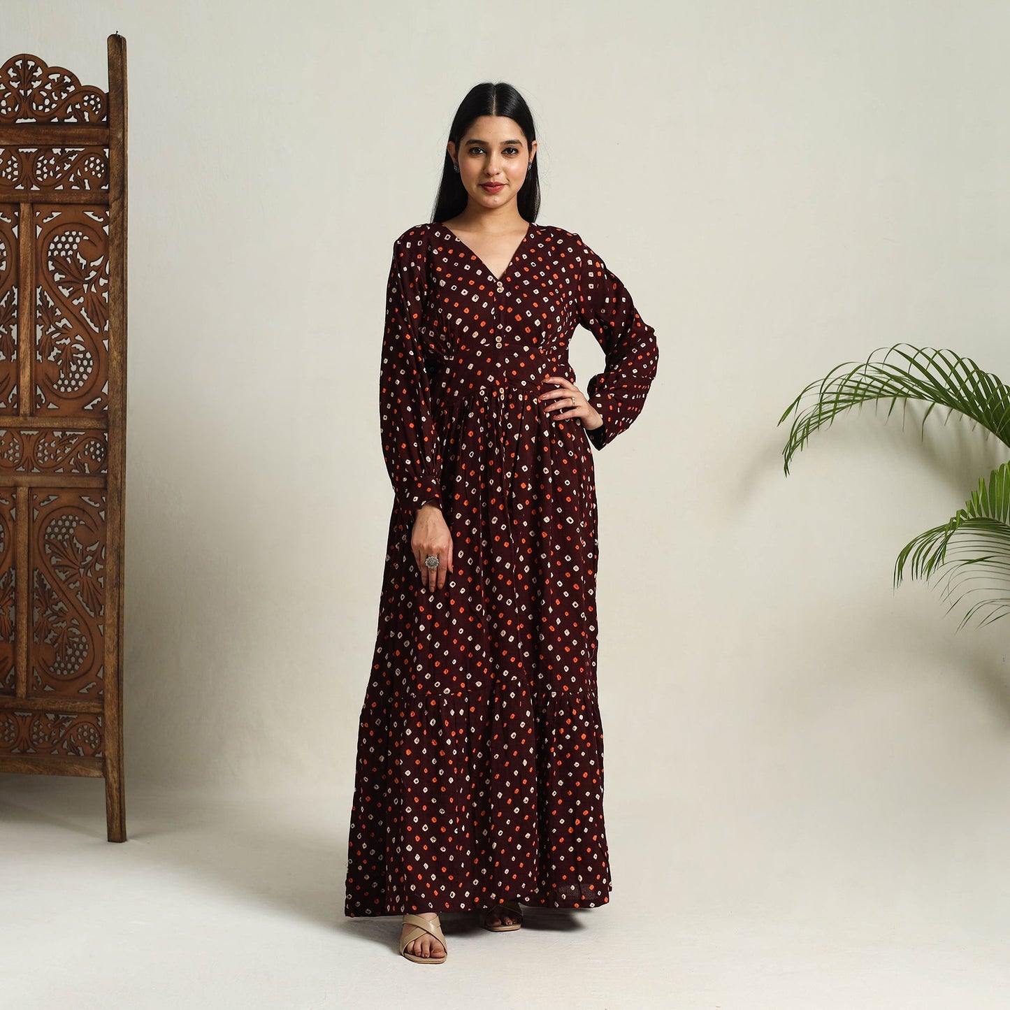 Buy Maroon Tie & Dye Cotton Tiered Fit & Flare Bandhani Dress