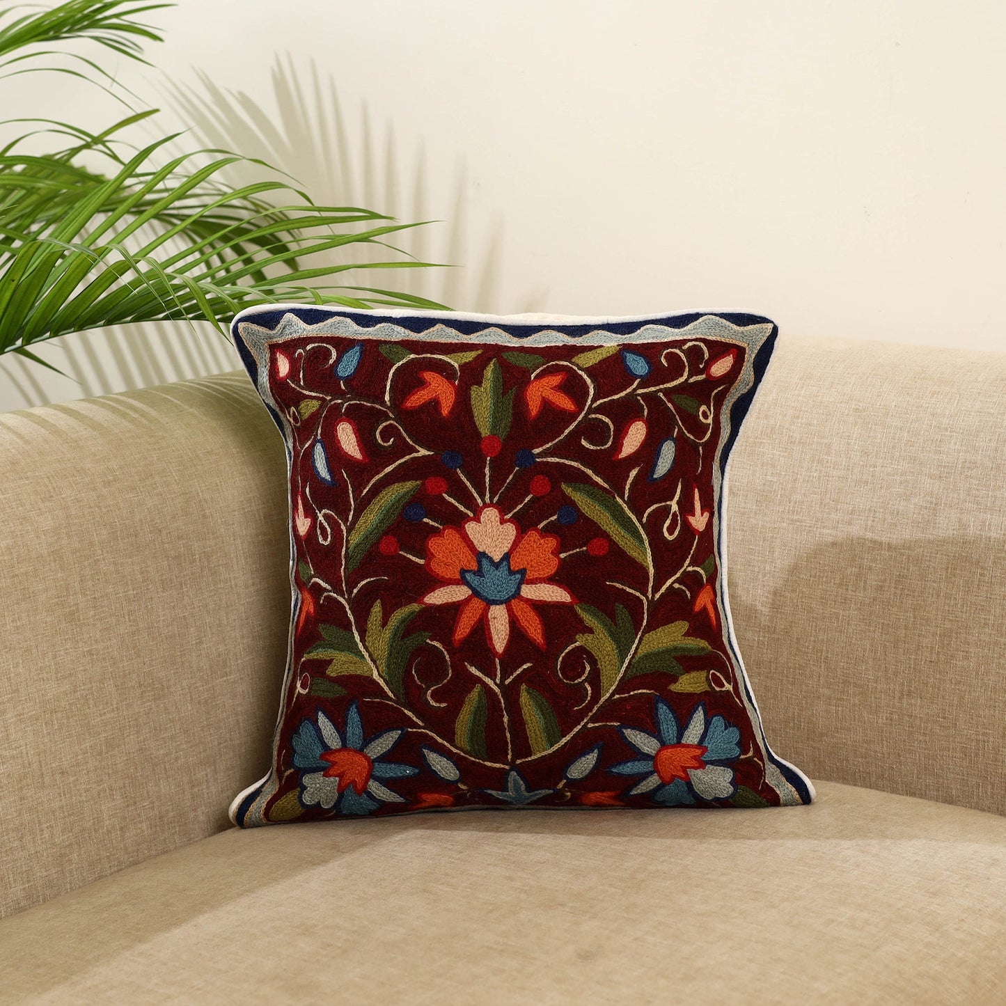Maroon - wool thread crewel embroidery cushion cover (16 x