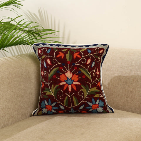 Maroon - wool thread crewel embroidery cushion cover (16 x
