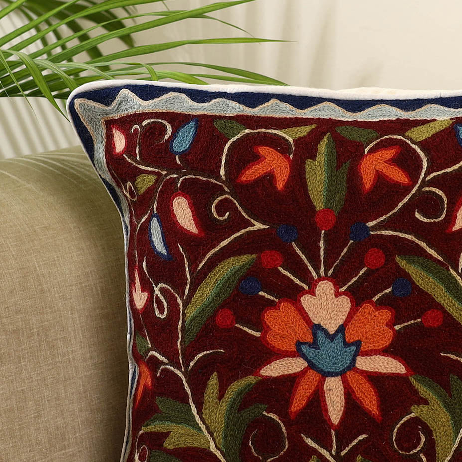Maroon - wool thread crewel embroidery cushion cover (16 x