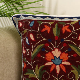 Maroon - wool thread crewel embroidery cushion cover (16 x