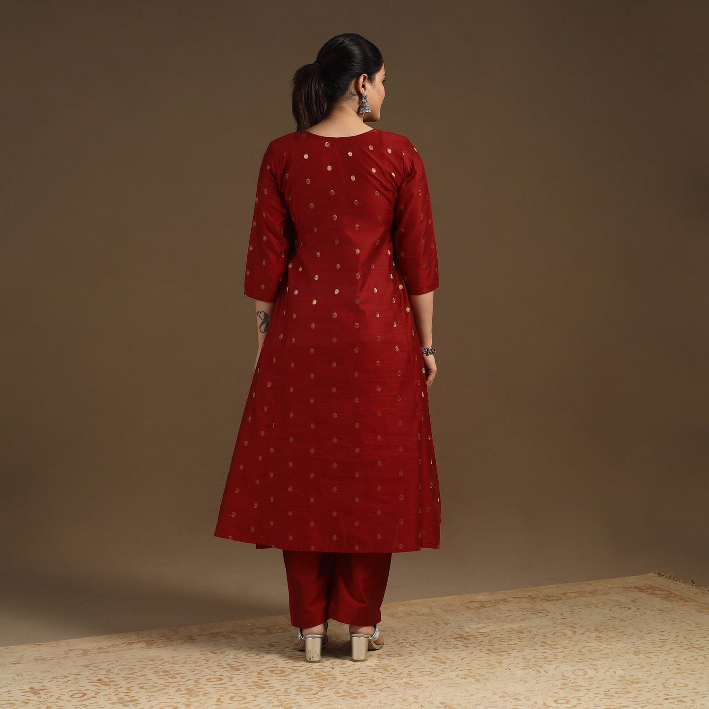Maroon Zari Buti Spun Dupion Silk Kurta Set for Women