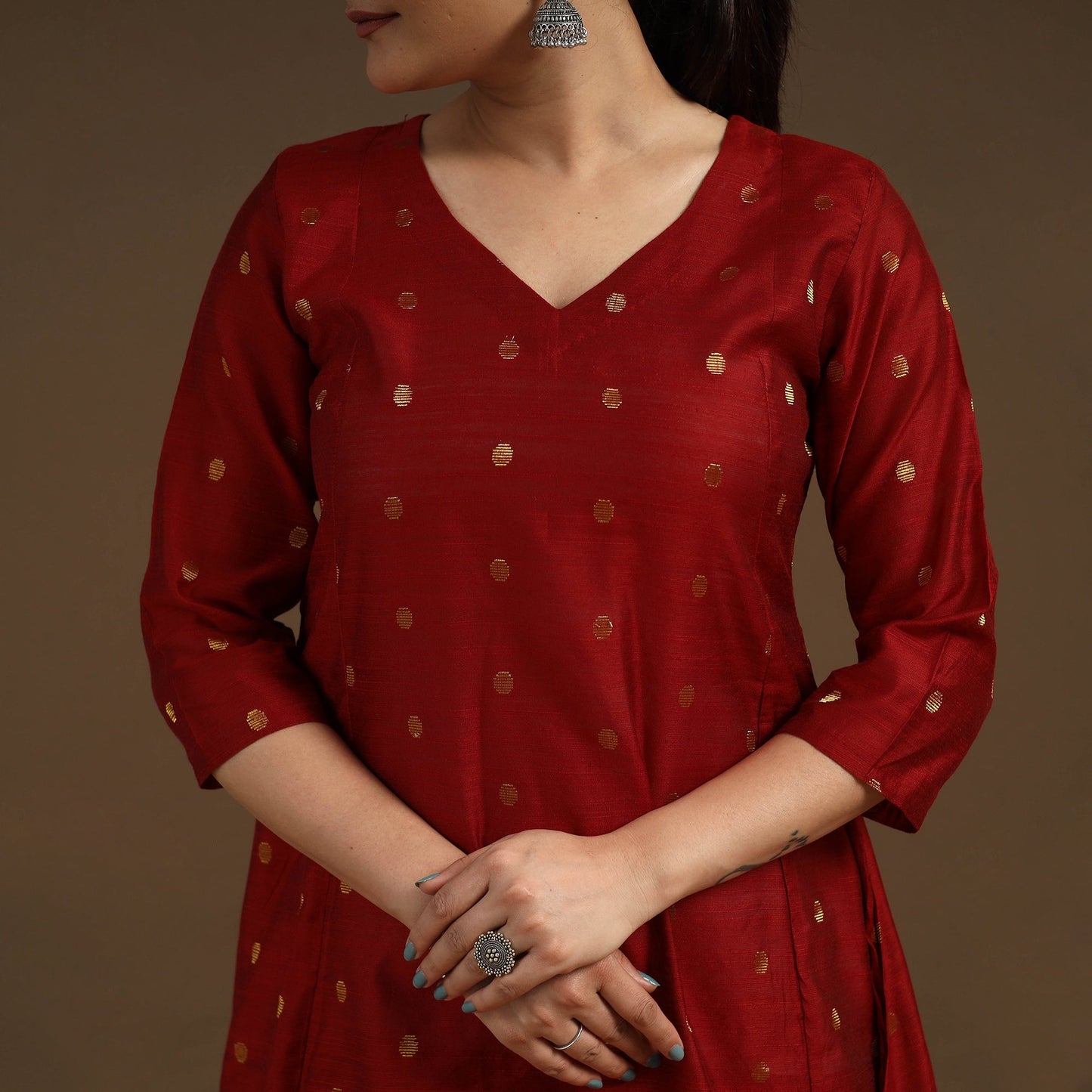 Maroon Zari Buti Spun Dupion Silk Kurta Set for Women