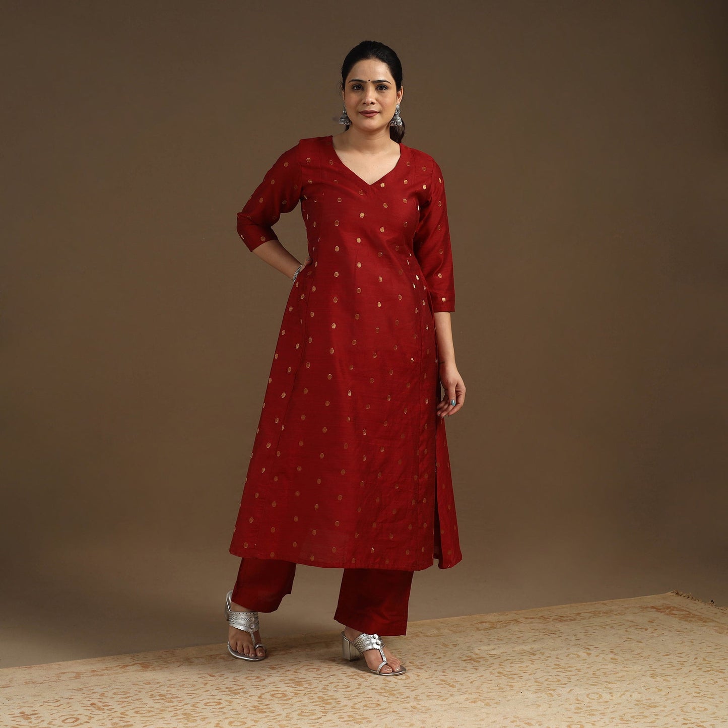 Maroon Zari Buti Spun Dupion Silk Kurta Set for Women