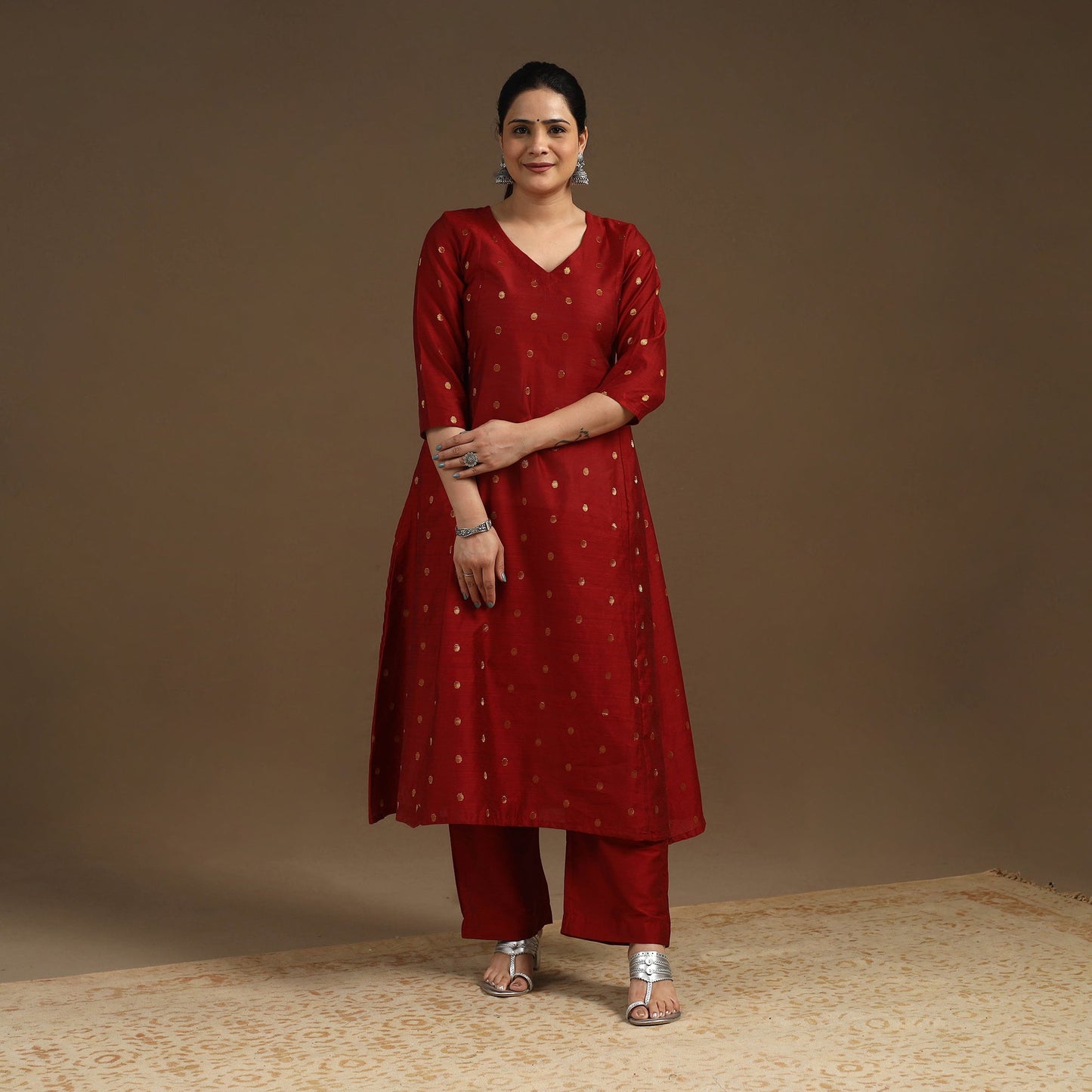 Maroon Zari Buti Spun Dupion Silk Kurta Set for Women