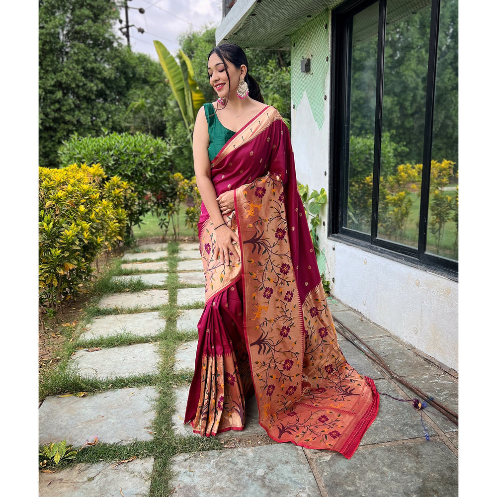 Purple - Gayatri Maroon Paithani Silk Handwork Saree