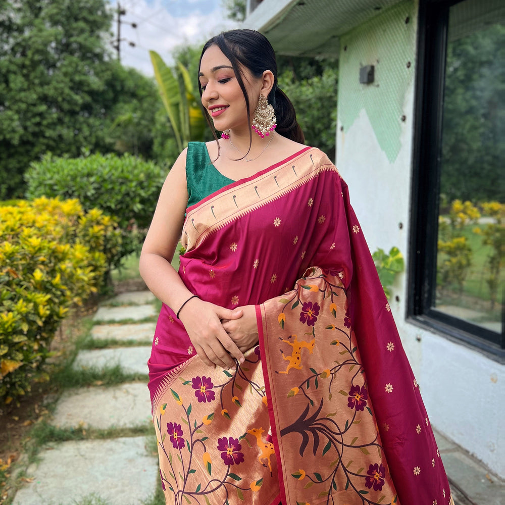 Purple - Gayatri Maroon Paithani Silk Handwork Saree