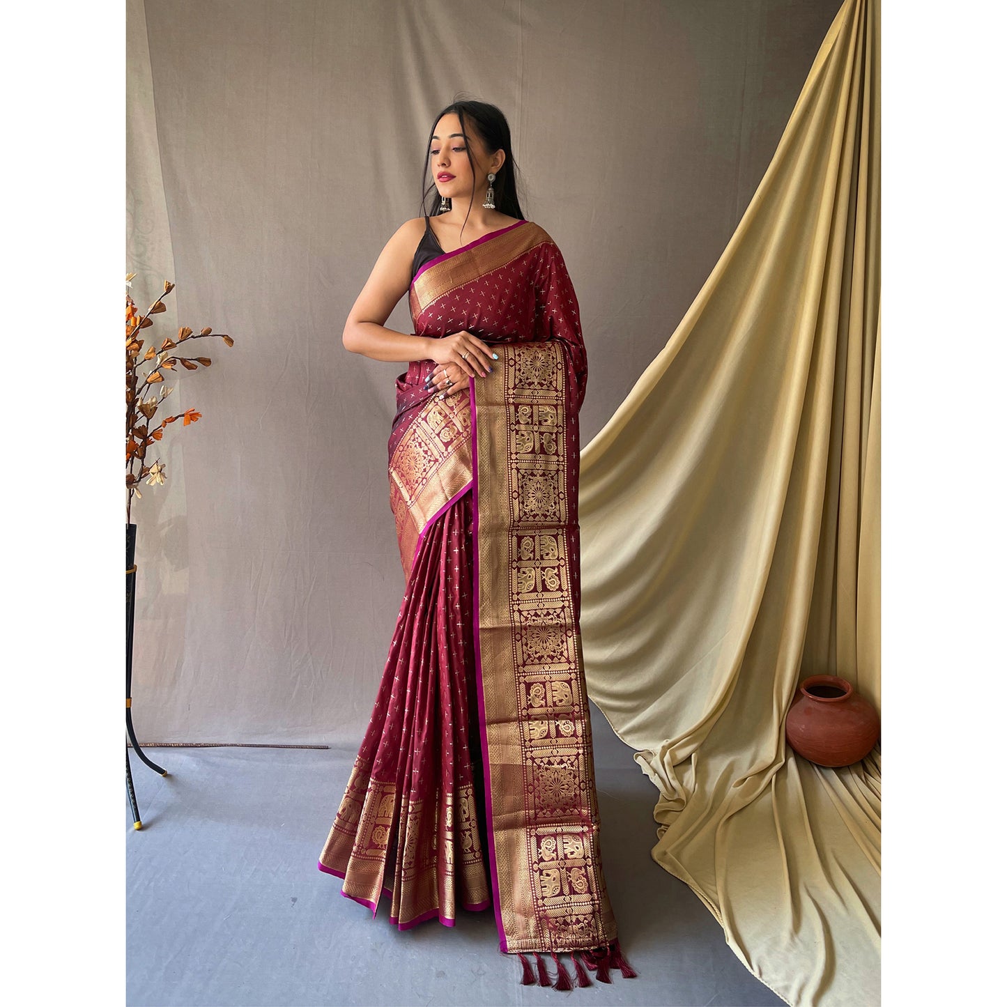 Suhasini Maroon Soft Silk Handwork Saree