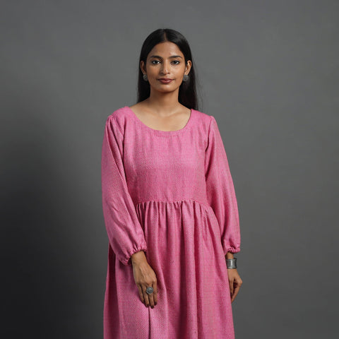 Mehak rose pink plain flared woolen dress 02 - handcrafted